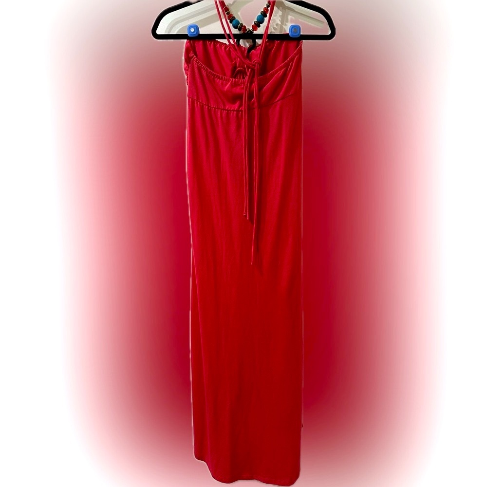 Derek Heart Red Pleated A-Line Maxi Dress with Jeweled Neckline - Picture 6 of 6